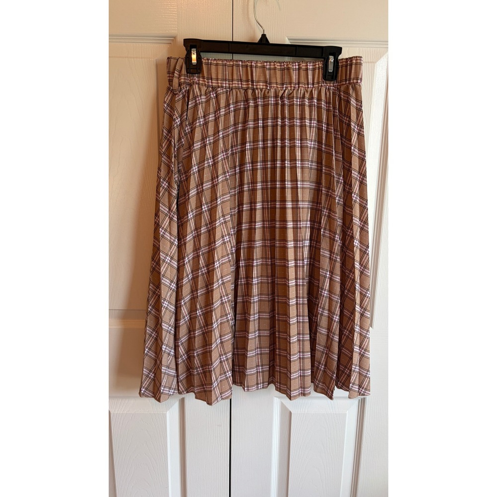 Metrowear Tan Plaid Pleated Midi Skirt Elastic Waist Lined Pink Brown Size L